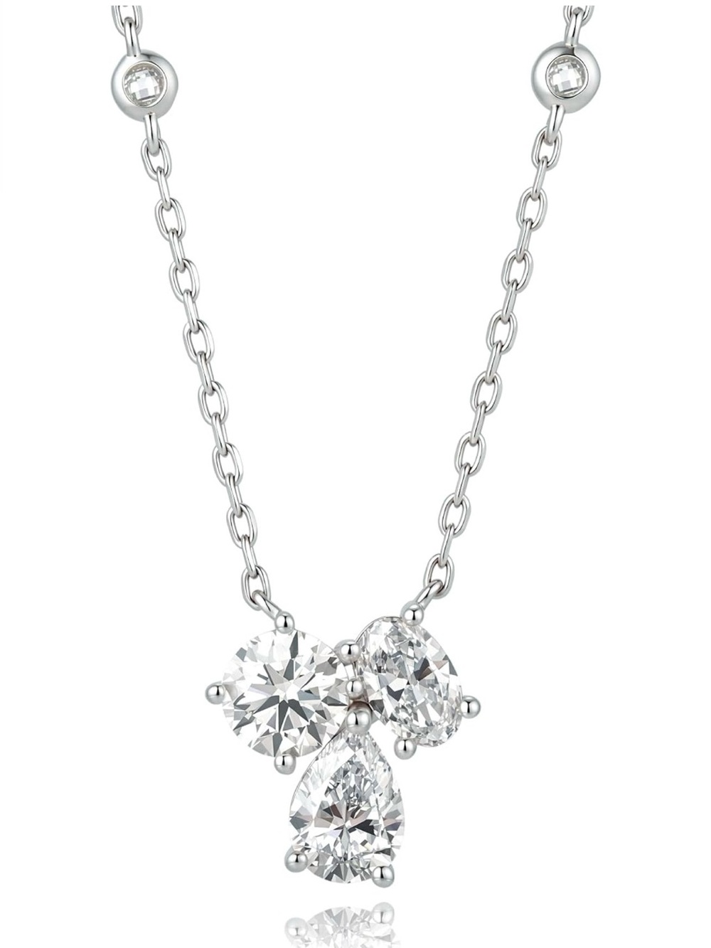 1.7 CTW 3 Stone Diamond Necklace Round Pear Oval D-E VVS 925 Silver Rhodium